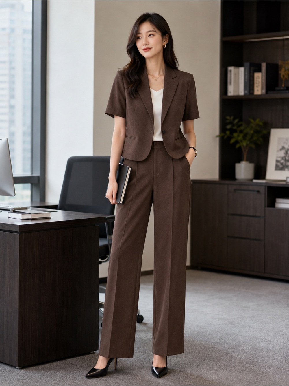 ASOS Design Brown Pantsuit US 12 UK 16 Short Wide Leg Career Office Set